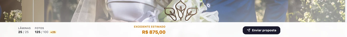 Rodapé do editor do cliente: 25 de 25 lâminas, 125 de 100 fotos, excedente estimado de R$ 875,00 e o botão Enviar proposta
