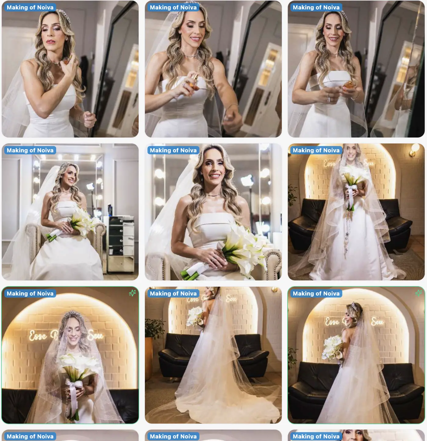 Grade de fotos, cada uma com a etiqueta Making of Noiva