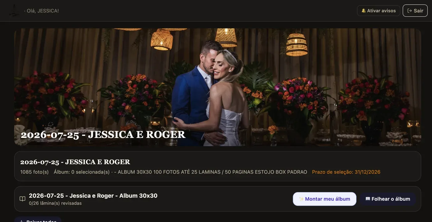 Portal do casal com os botões Montar meu álbum e Folhear o álbum